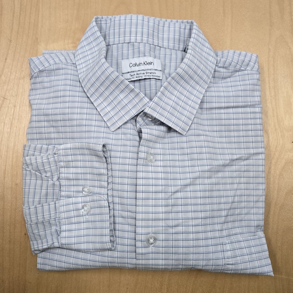Calvin Klein Dress Shirt Men's Plaid Tech Active Stretch 2XL Gray Blue